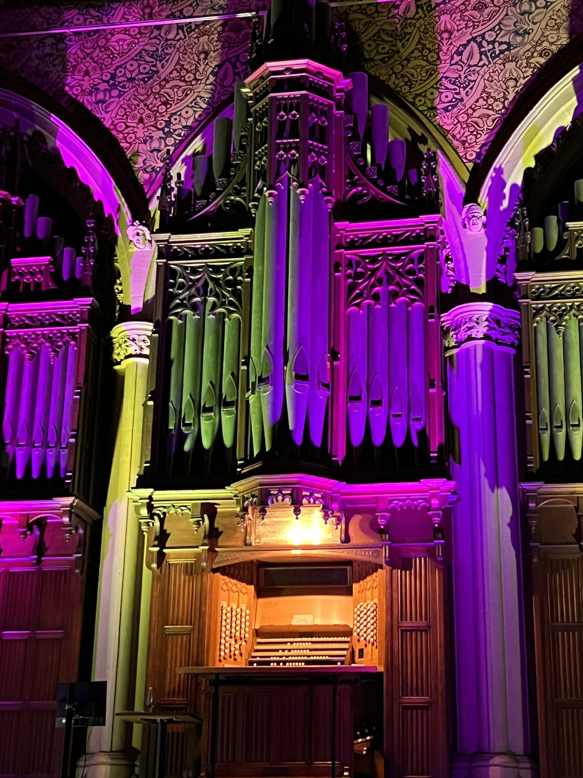 A photograph of the organ in Rochdale Town Hall at night